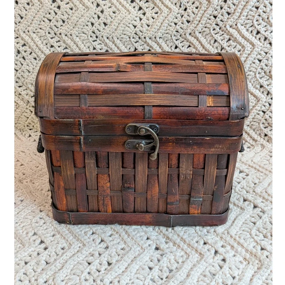 Vintage Bamboo Wicker Treasure Chest Domed Lid Storage Box Dark Brown 9 Inch
